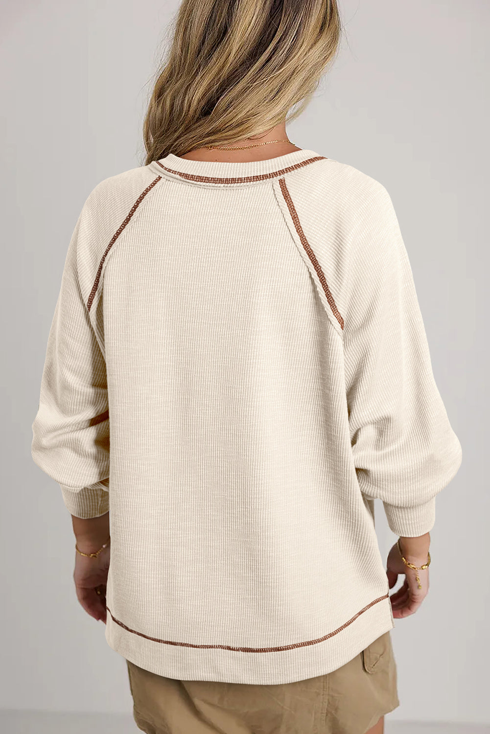 Beige Exposed Seam Textured Knit V Neck Pullover Top
