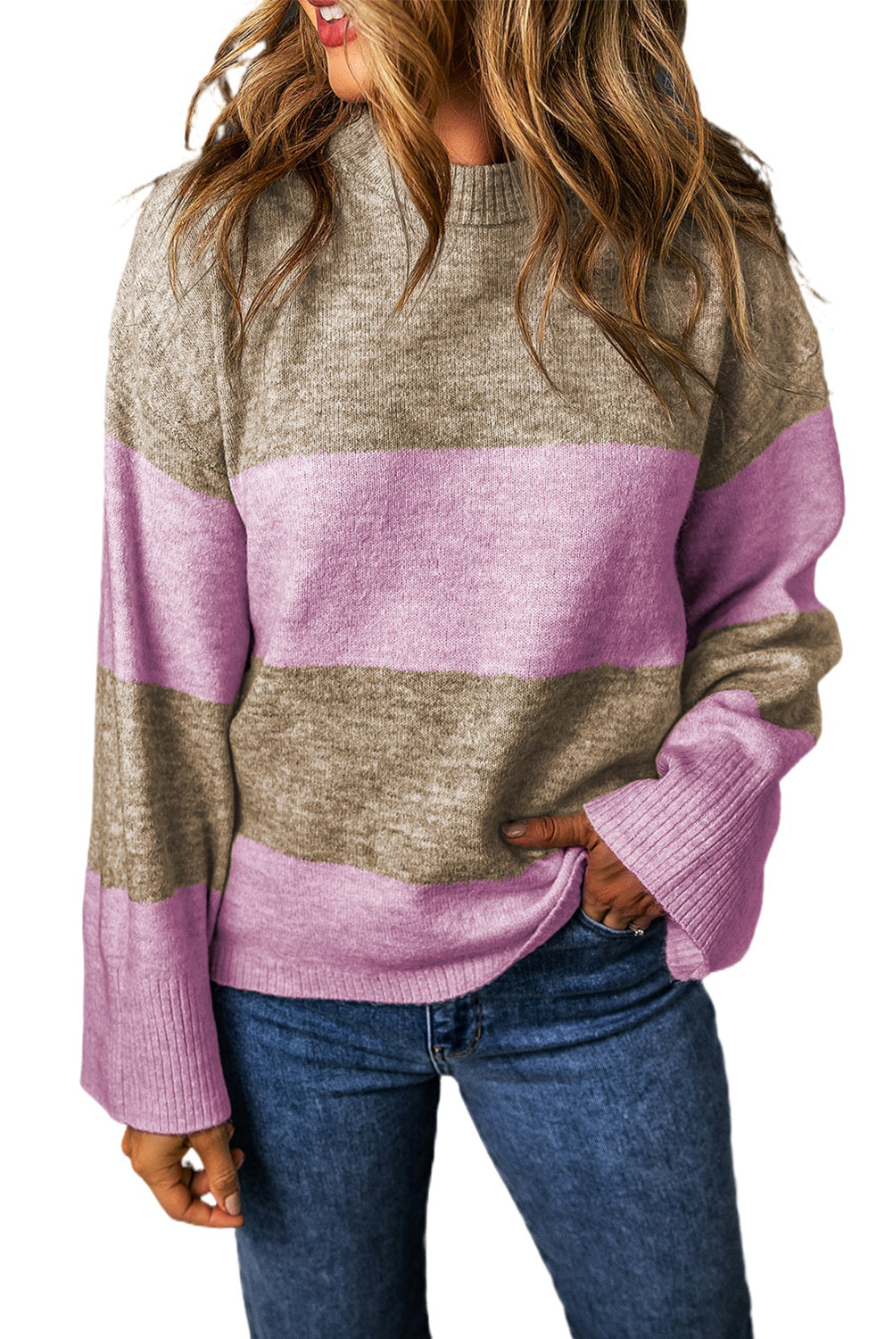Farbblock-Pullover mit rosa Streifen, Rundhalsausschnitt und weiten Ärmeln