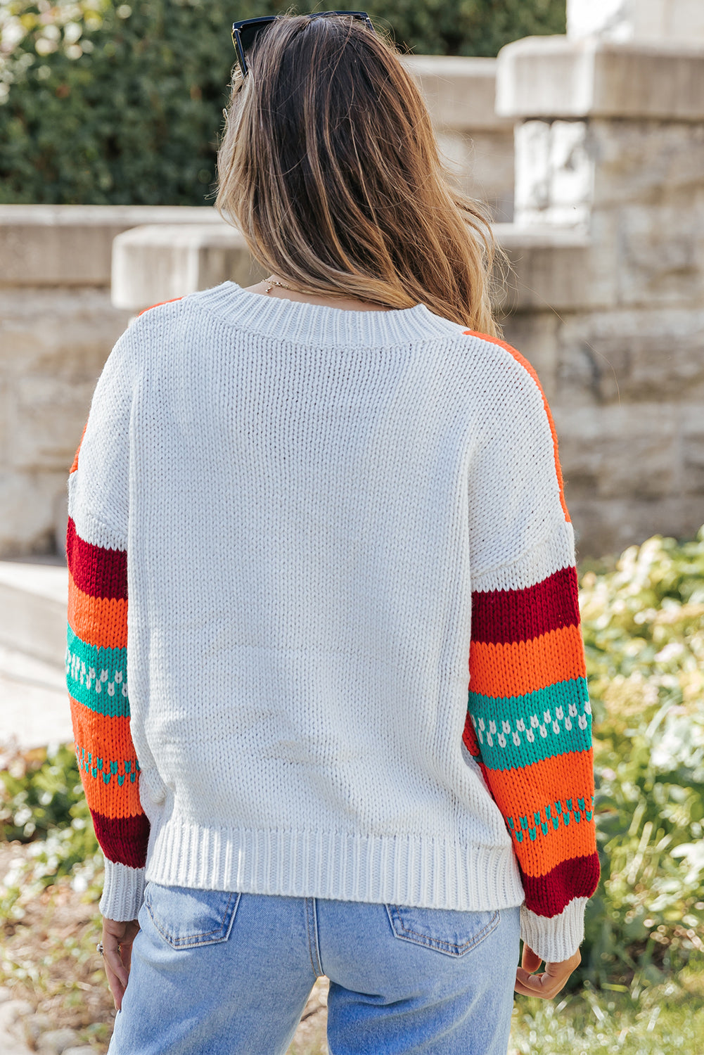 Multicolor Color Block Striped Loose Sleeve Sweater