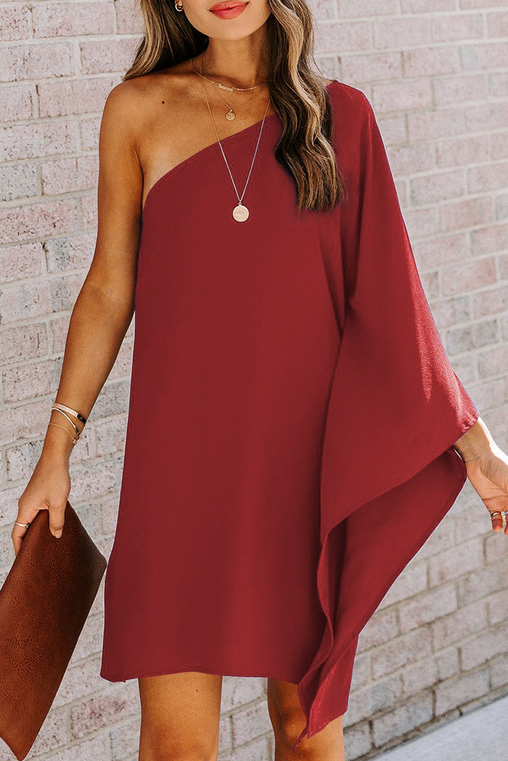 Red Solid Color One Shoulder Batwing Sleeve Mini Dress