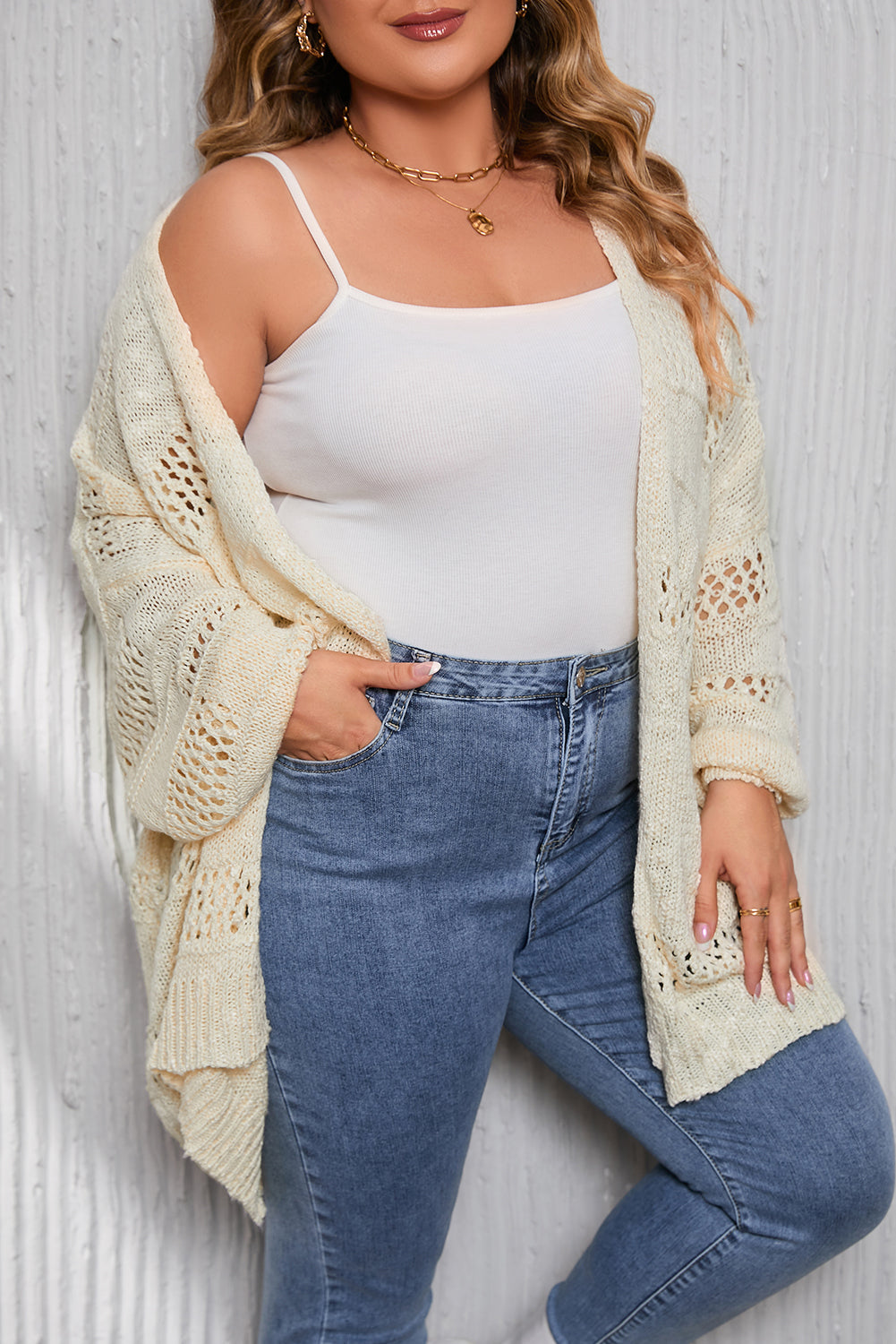 Marelica Plus Size Slouchy Hollowed Knit Open Front Cardigan