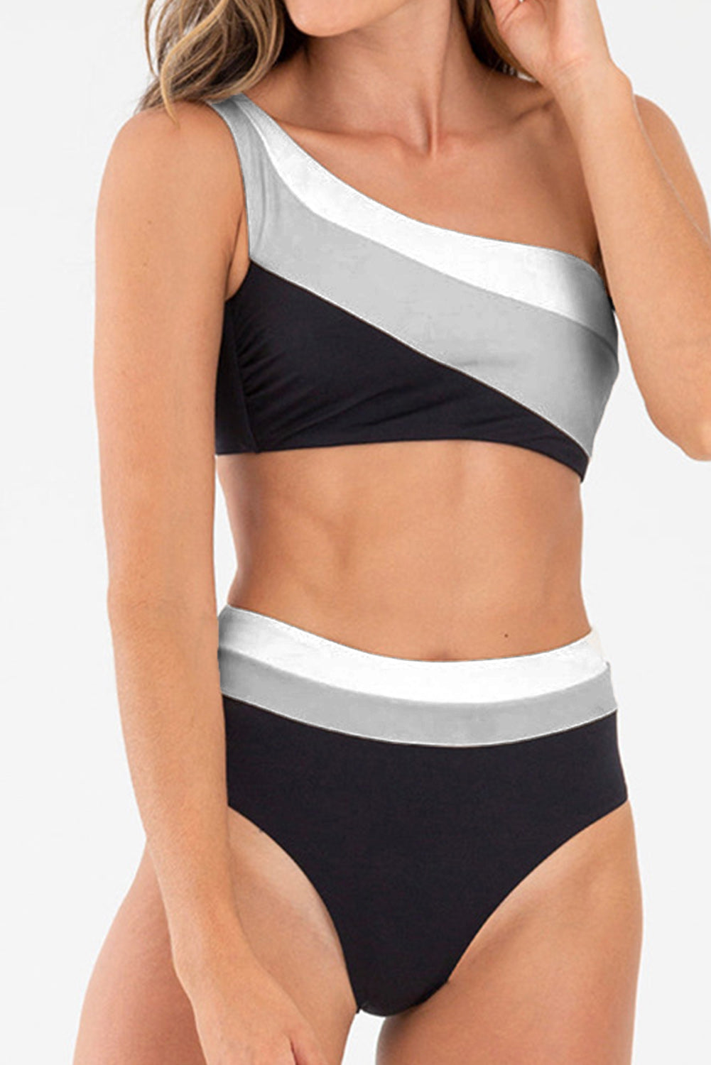 Barva črna Triple Tones Colorblock bikini z visokim pasom na eno ramo