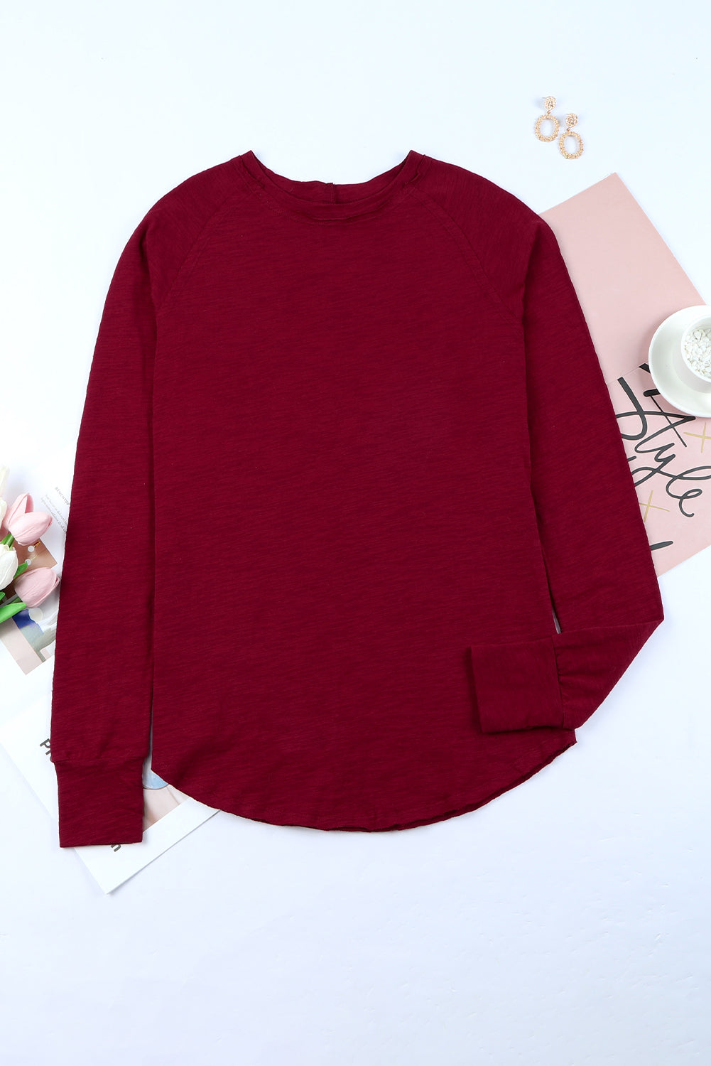 Fiery Red Solid Crew Neck Long Sleeve Top