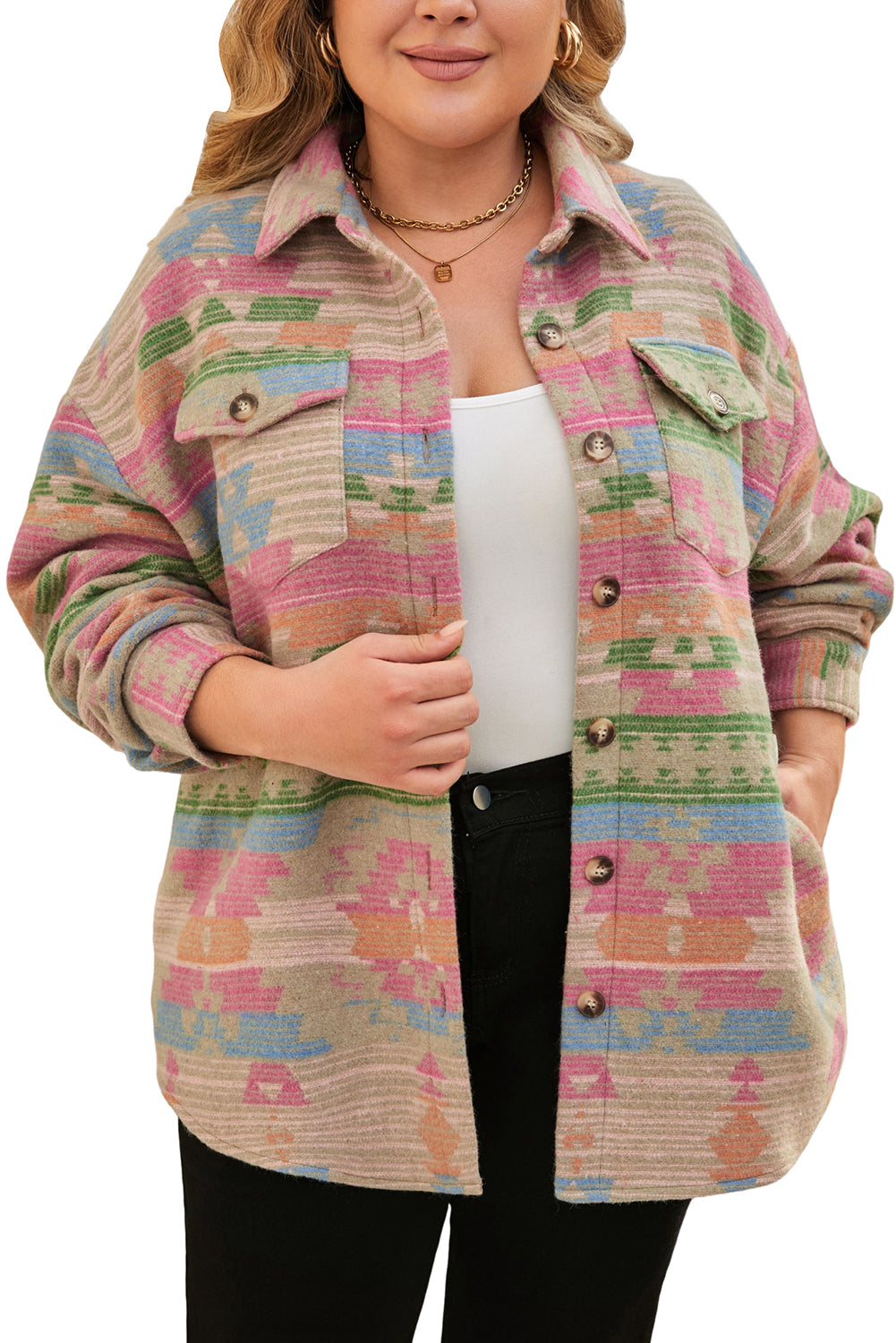 Večbarvna jakna z azteškim potiskom in velikimi žepi na zavihek