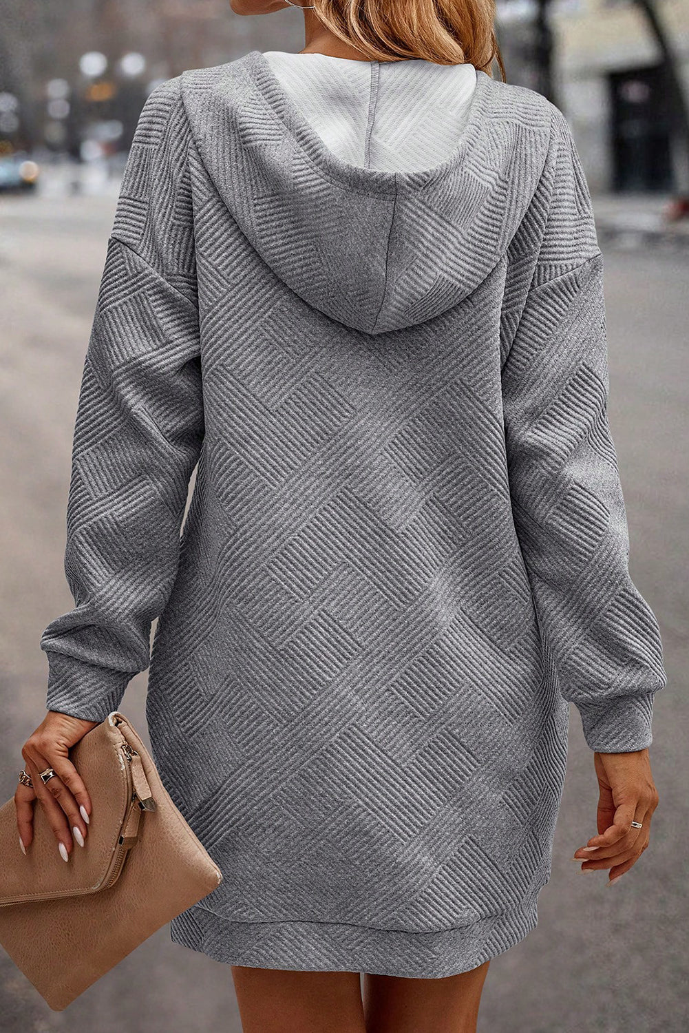 Mini-robe à capuche avec cordon de serrage et poche kangourou texturée grise