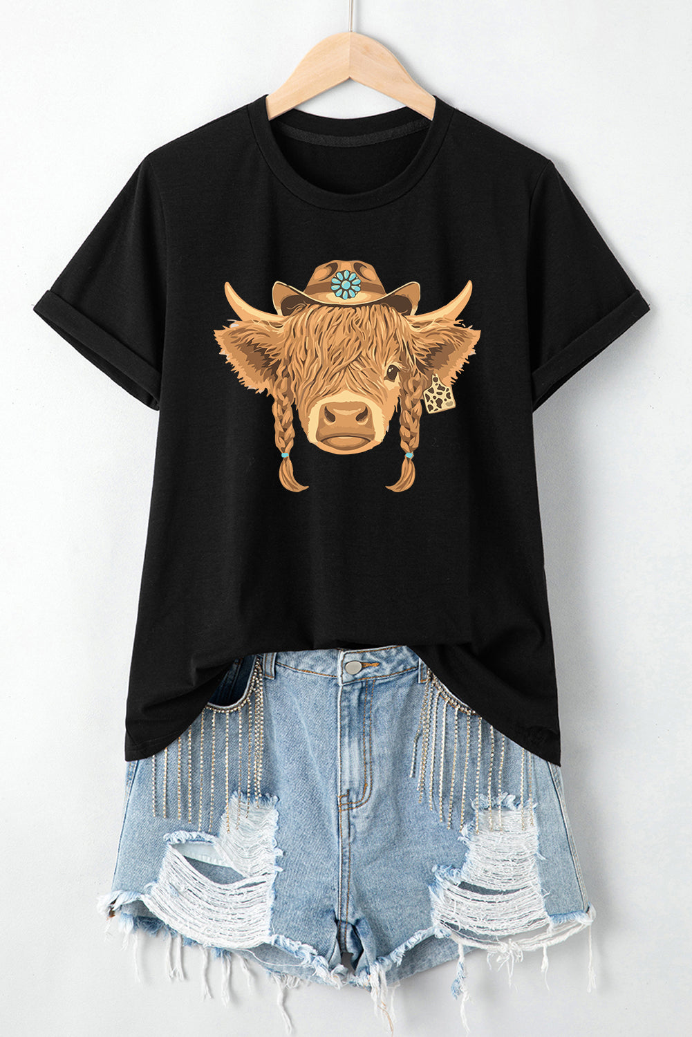 T-shirt in cotone moda grafica nera Western Heifer