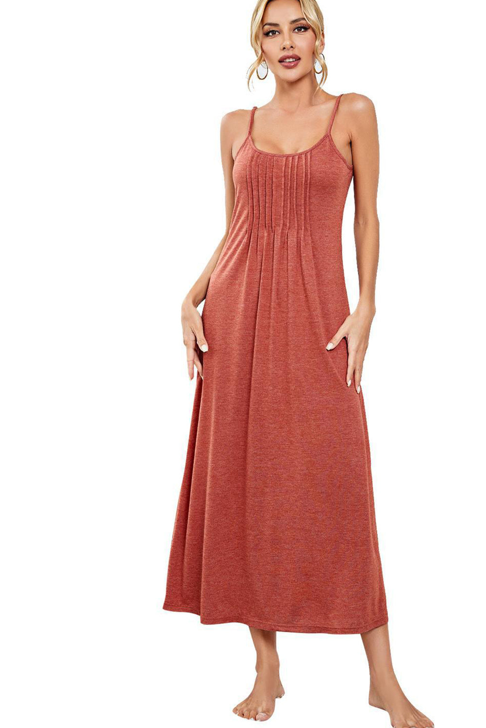 Red Clay Pleated Spaghetti Strap Loose Fit Lounge Long Dress