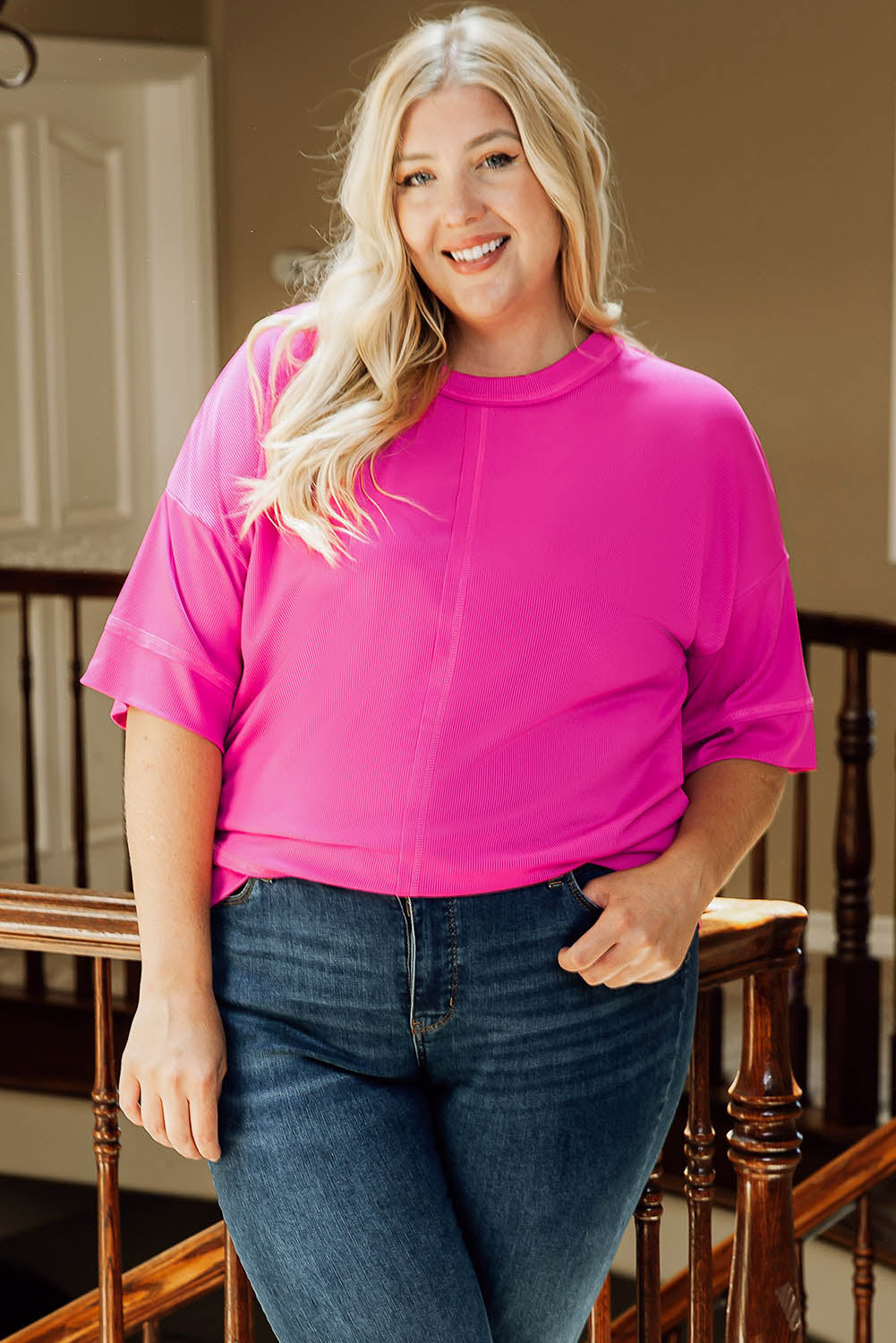 Pink Plus Size Ribbed 3/4 Sleeves Flowy Top