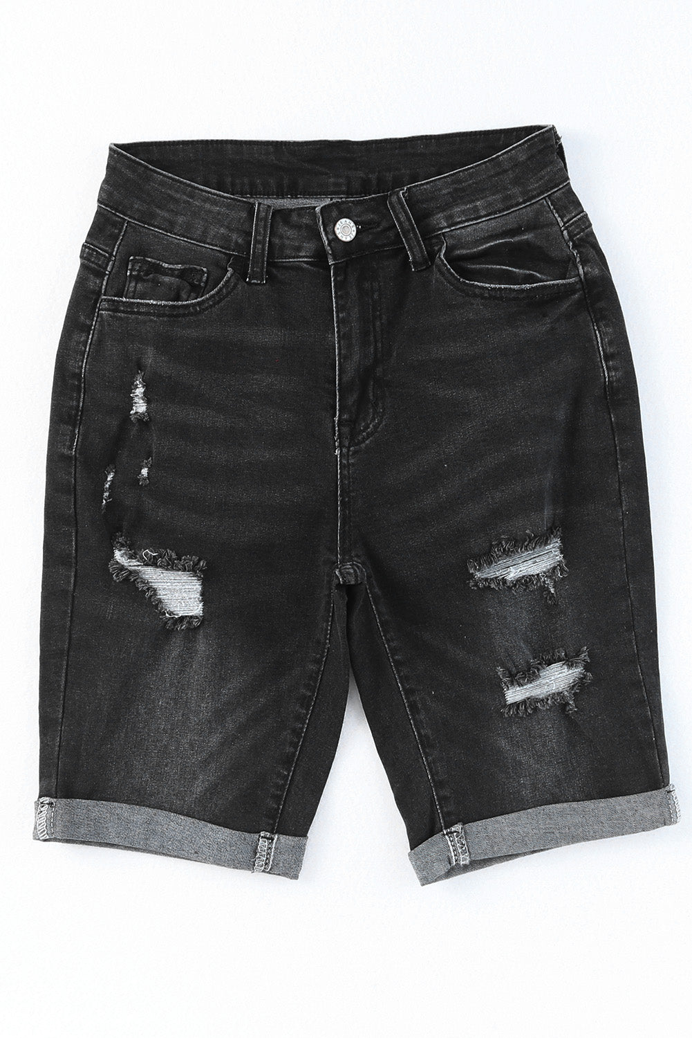 Blue Roll-up Distressed Bermuda Denim Shorts