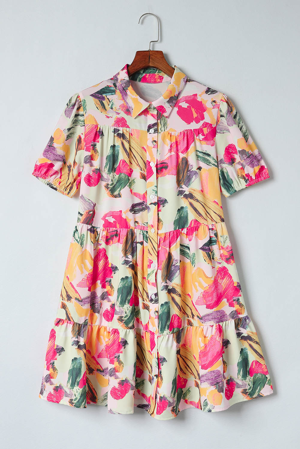 Mehrfarbiges, kurzärmliges Hemdblusenkleid mit Blumendruck