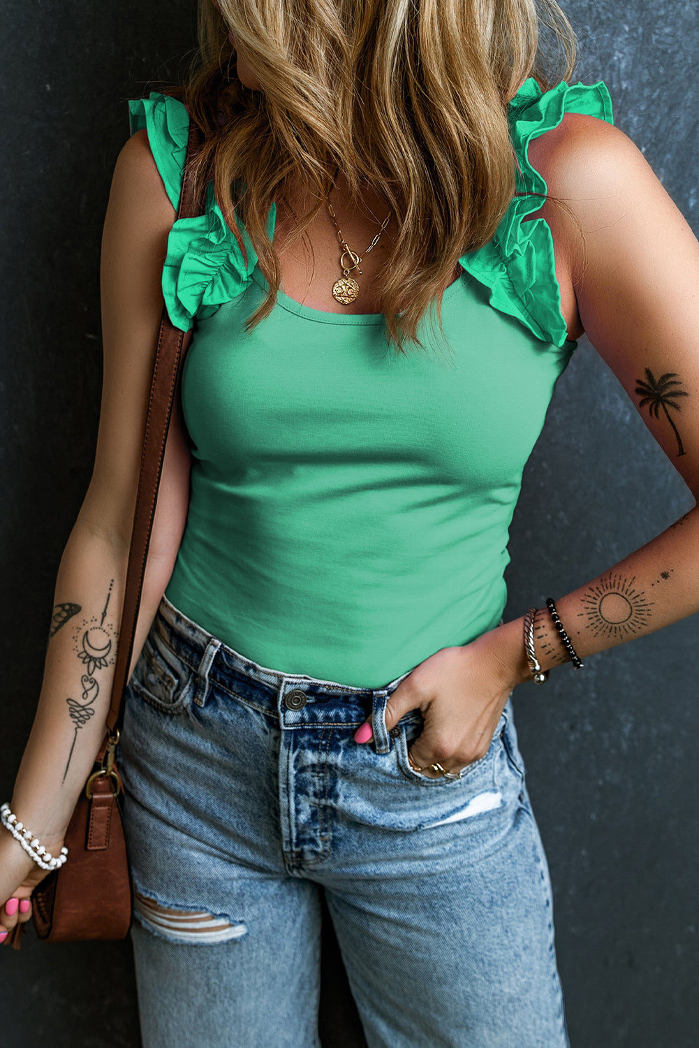 Mint Green Ruffled Wide Straps Slim Tank Top