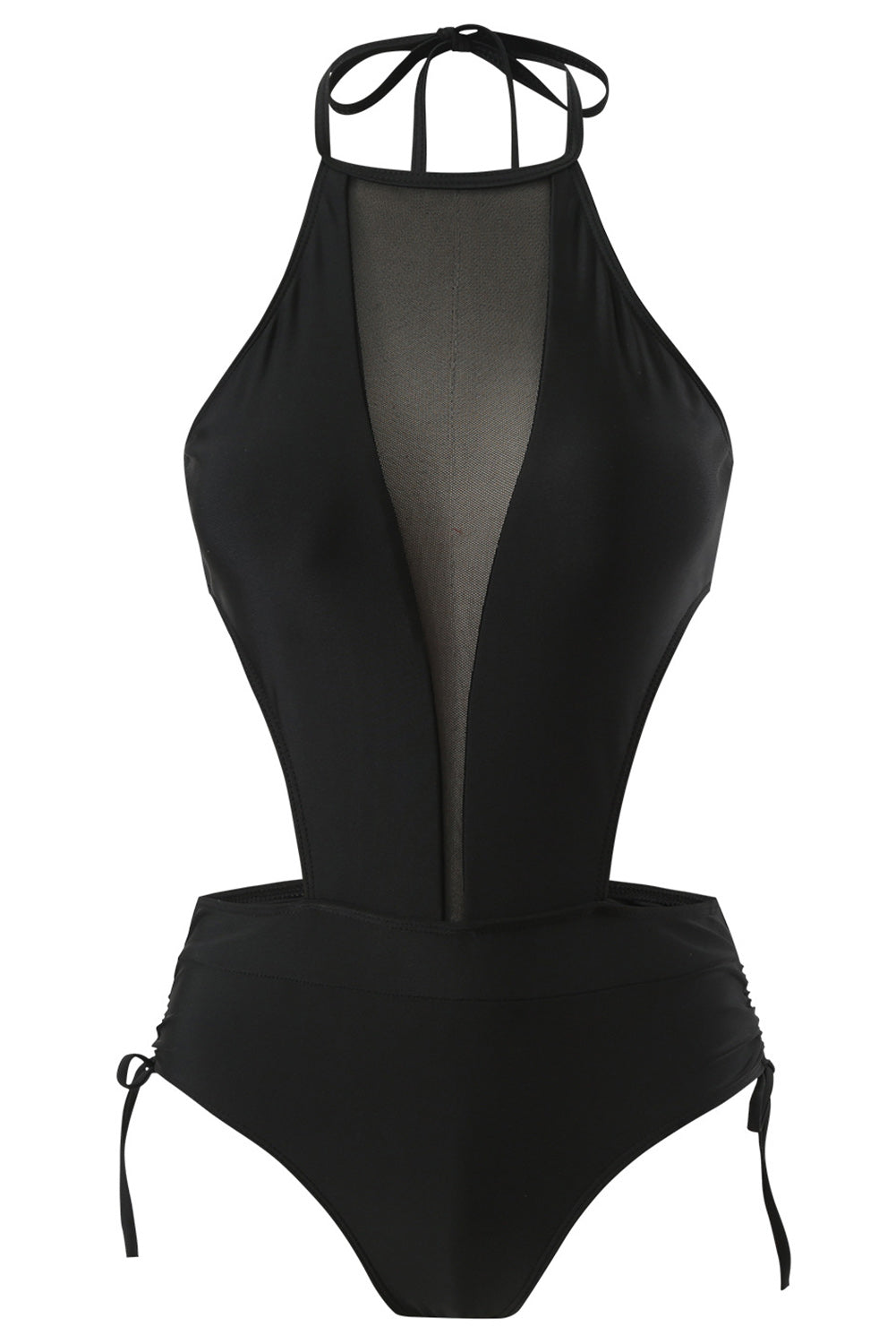 Black Mesh Cutout Ruched Drawstring Monokini Swimsuit