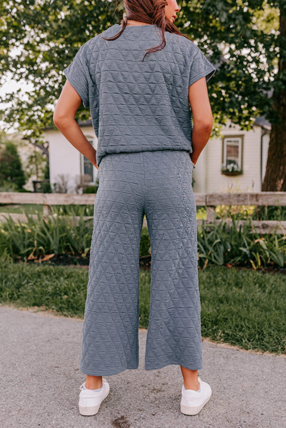 Ensemble pantalon large matelassé à manches courtes et à jambes larges bleu sarcelle véritable