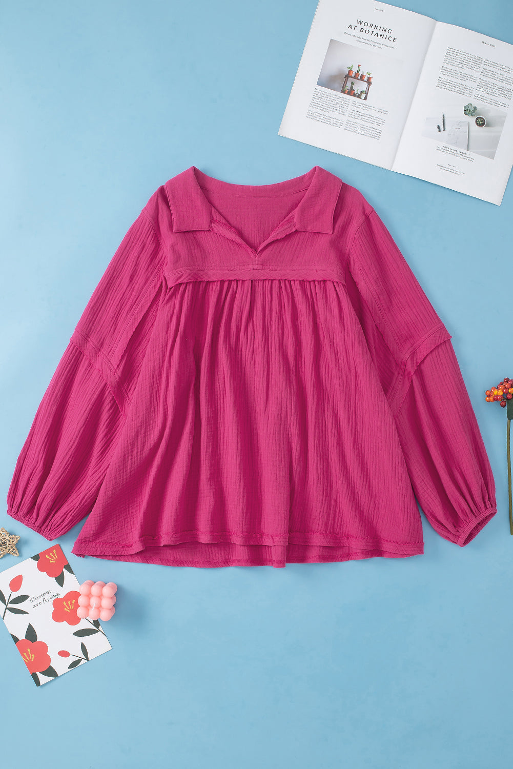 Rose Crinkle Collared V-Neck Bubble Sleeve Flowy Blouse