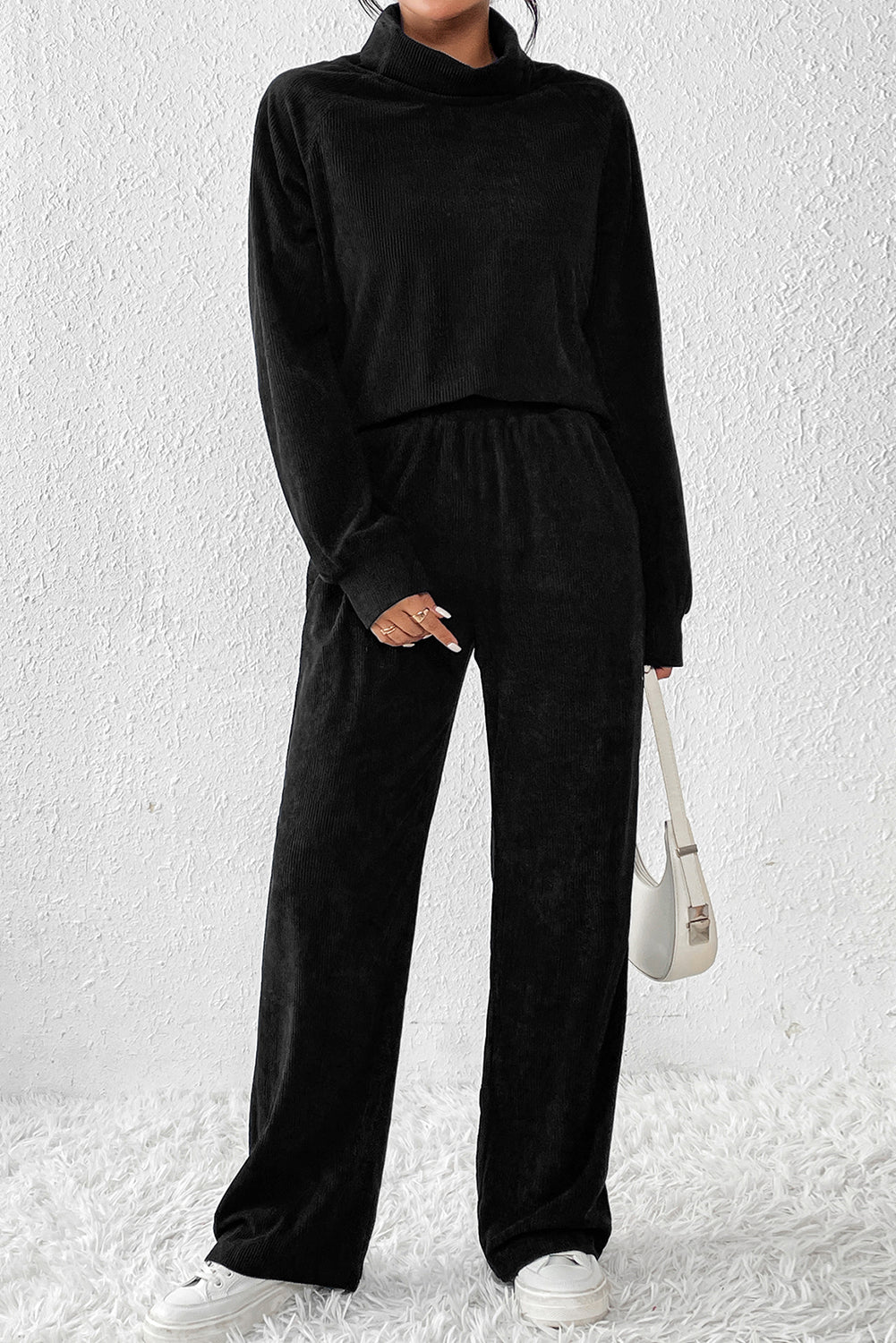 Black Solid Color Corduroy High Neck Top and Pants Two Piece Set