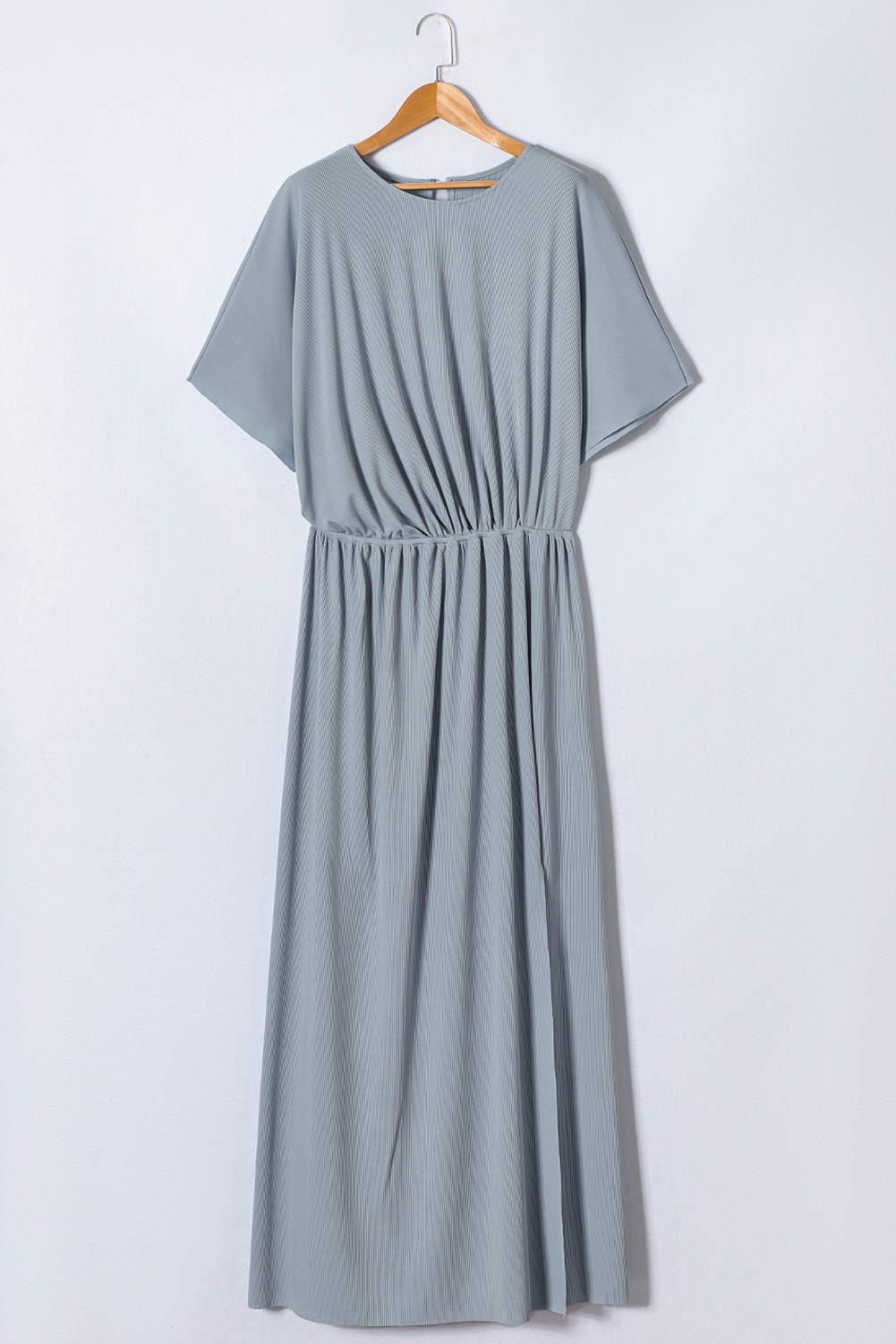 Sky Blue Plus Size Short Sleeves Rib Knit Maxi Dress with Slit