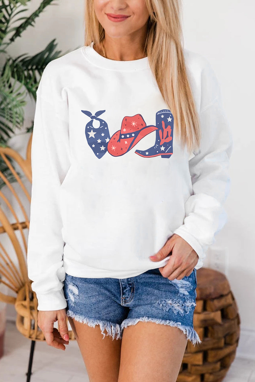 Scarf Hat Boot Print White Sweatshirt