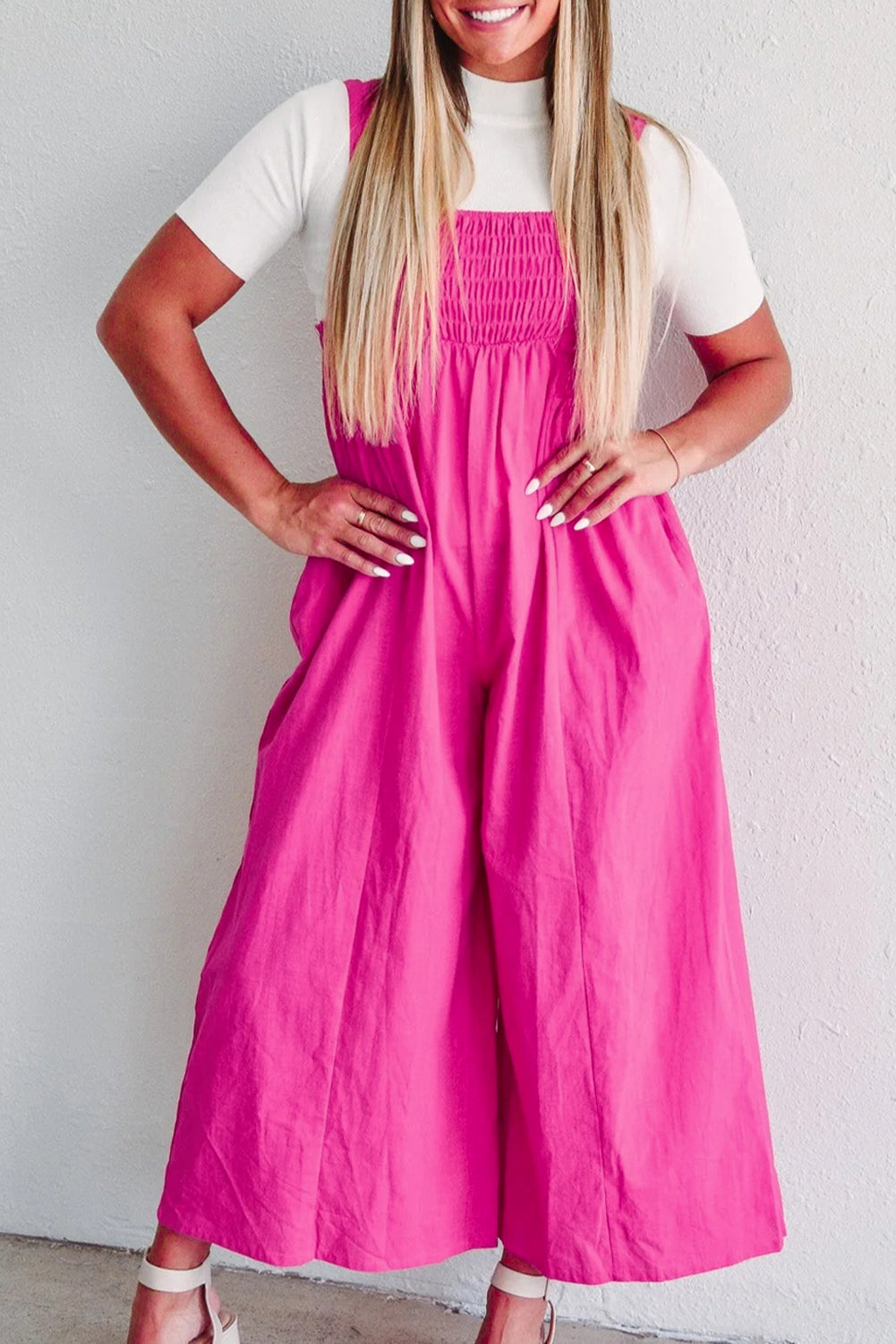 Strawberry Pink Wide Straps Smocked Detail Wide Leg Overalls