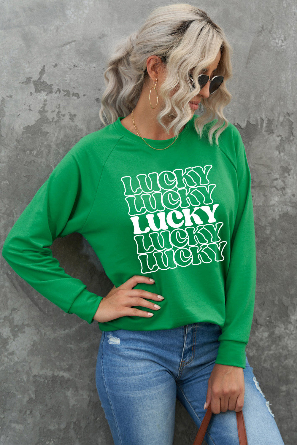 Green Lucky Letter Print Crewneck Long Sleeve Sweatshirt