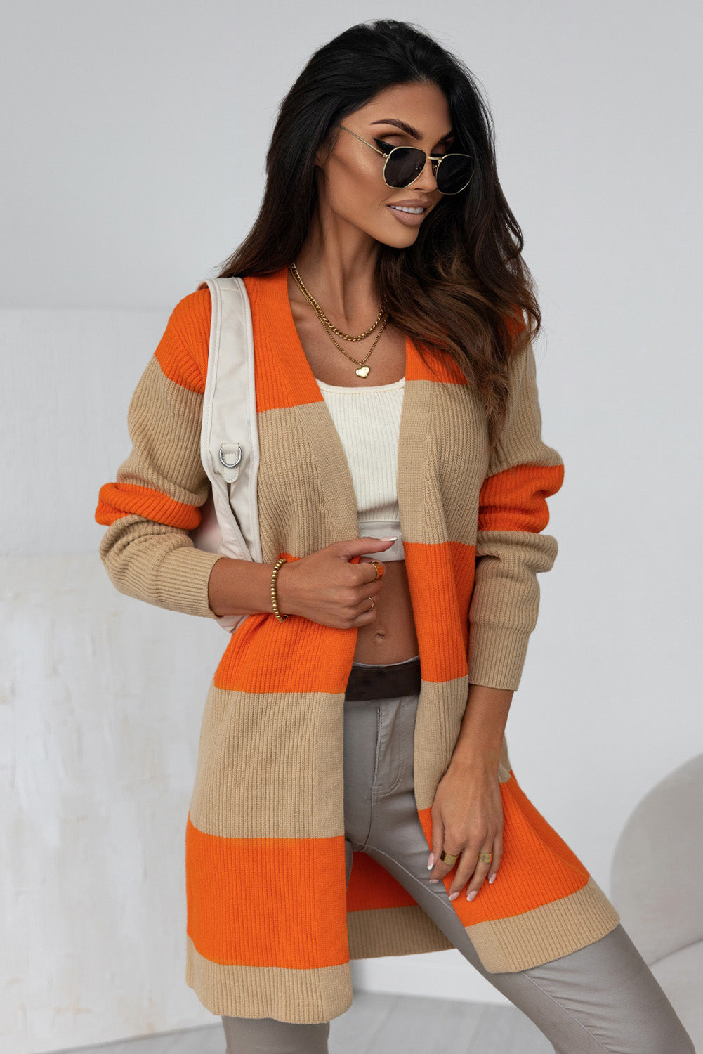 Cardigan in maglia a coste color block arancione