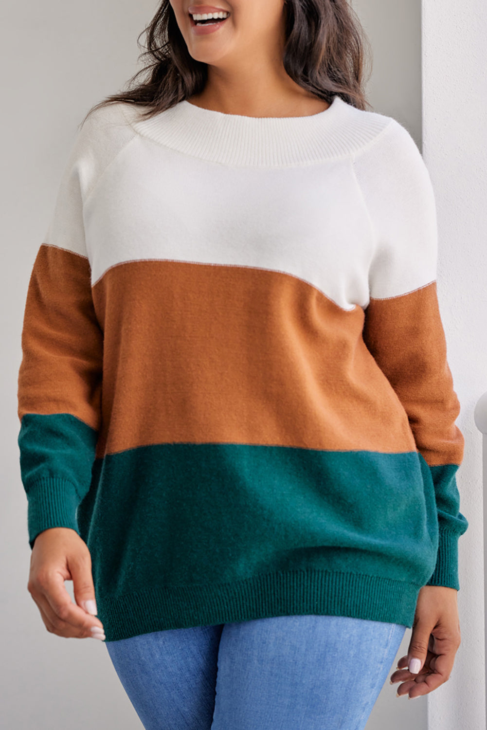 Brauner Plus-Size-Pullover mit geripptem Besatz und Farbblockdesign