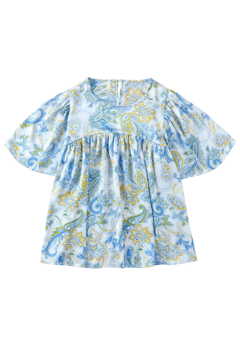 Himmelblaue, lockere Bluse mit Paisley-Print und weiten Ärmeln