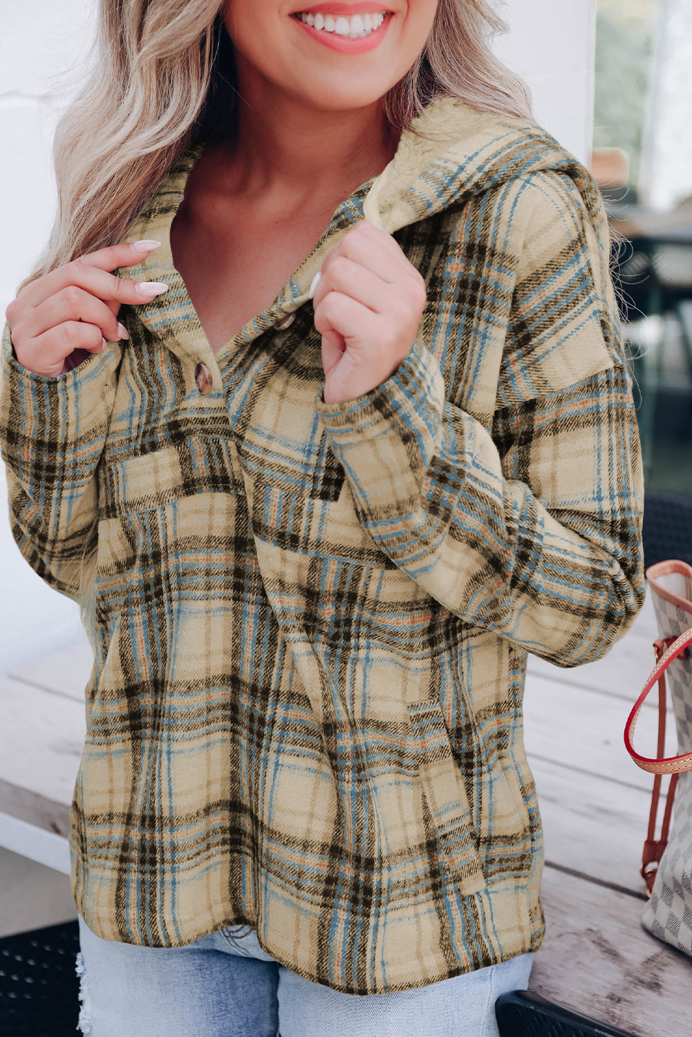 Black Plaid Button Neck Pocketed Pullover Hoodie
