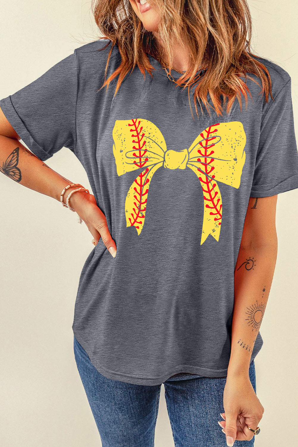 Rosarotes Baseball-Bowknot-Grafik-Freizeit-T-Shirt