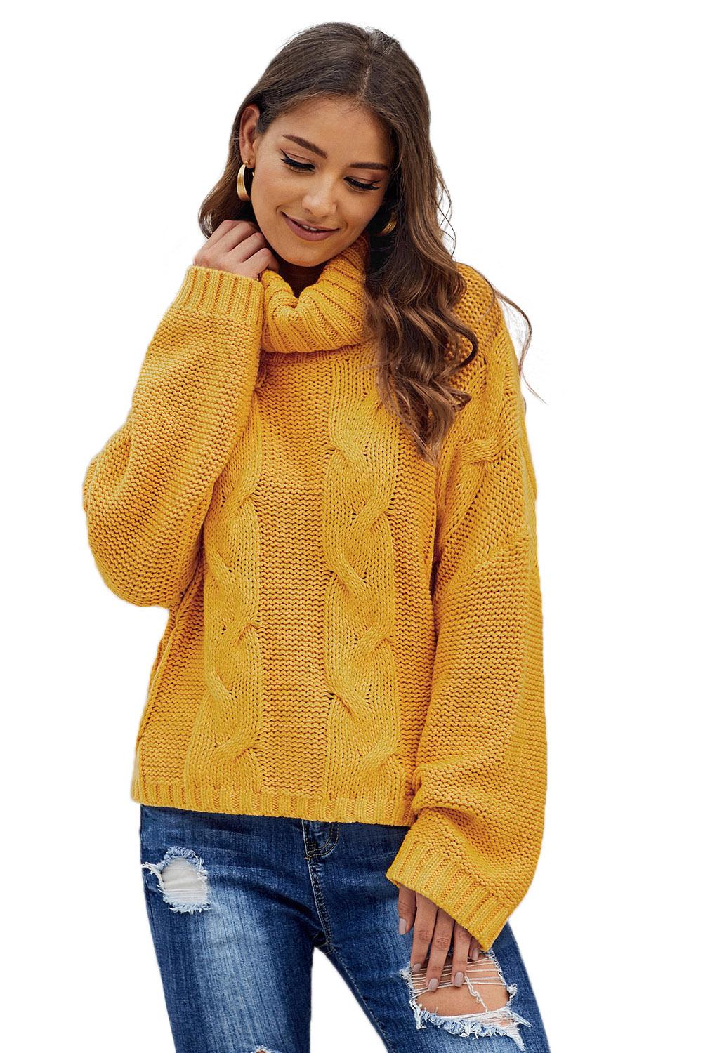 Maglione dolcevita fatto a mano in maglia a trecce giallo Cuddle Weather