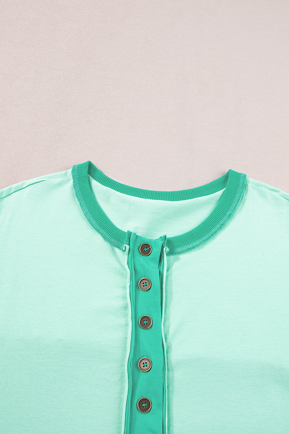 Bright Green Contrast Color Patchwork Half Button T Shirt