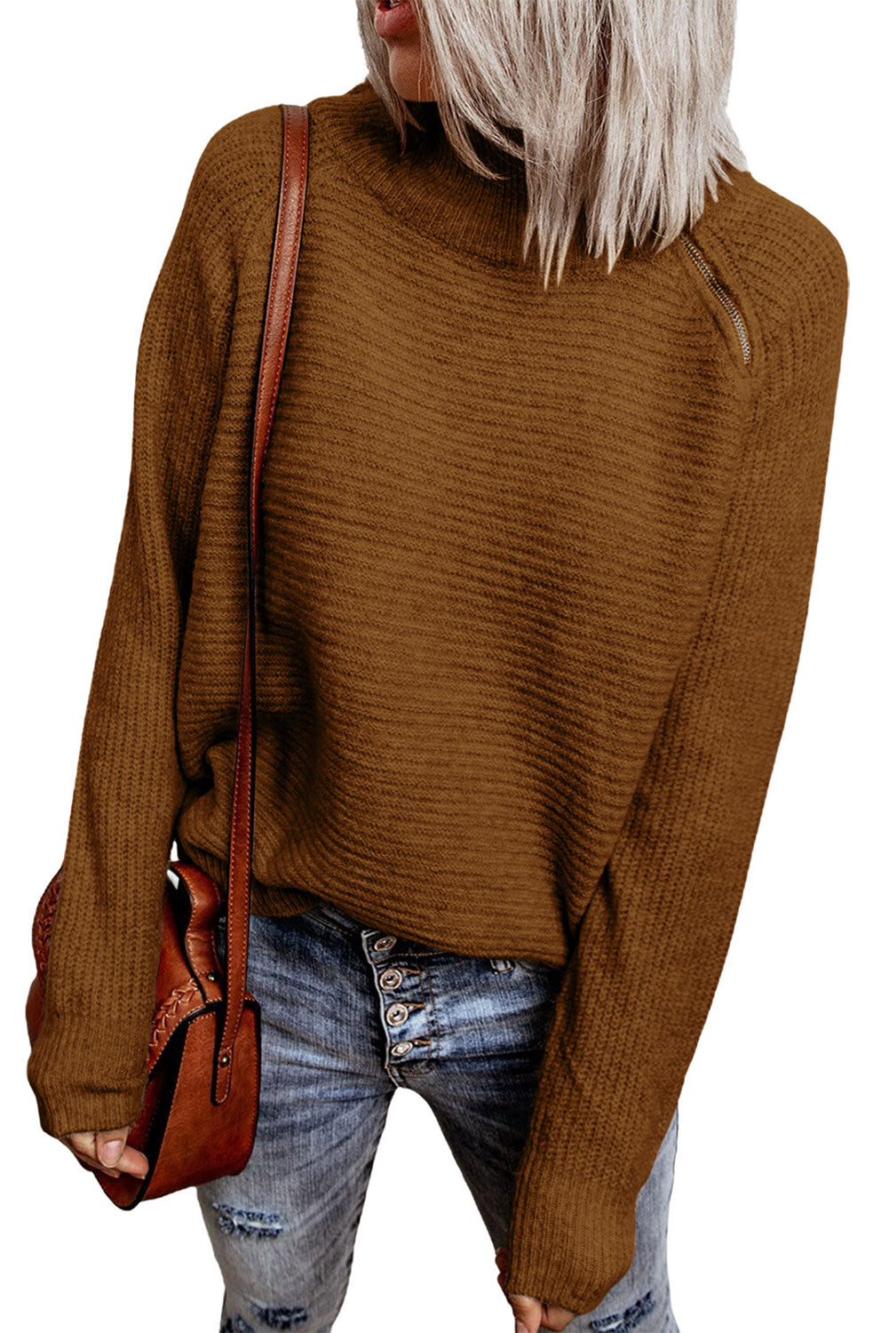 Brown Zip Knitted High Neck Sweater
