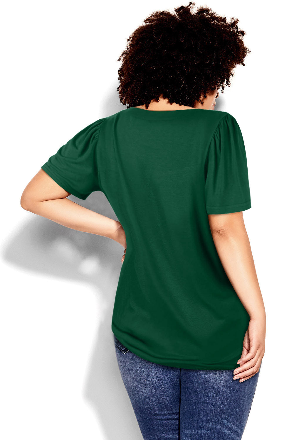 Haut vert à manches courtes et épaules froncées à col carré et grande taille