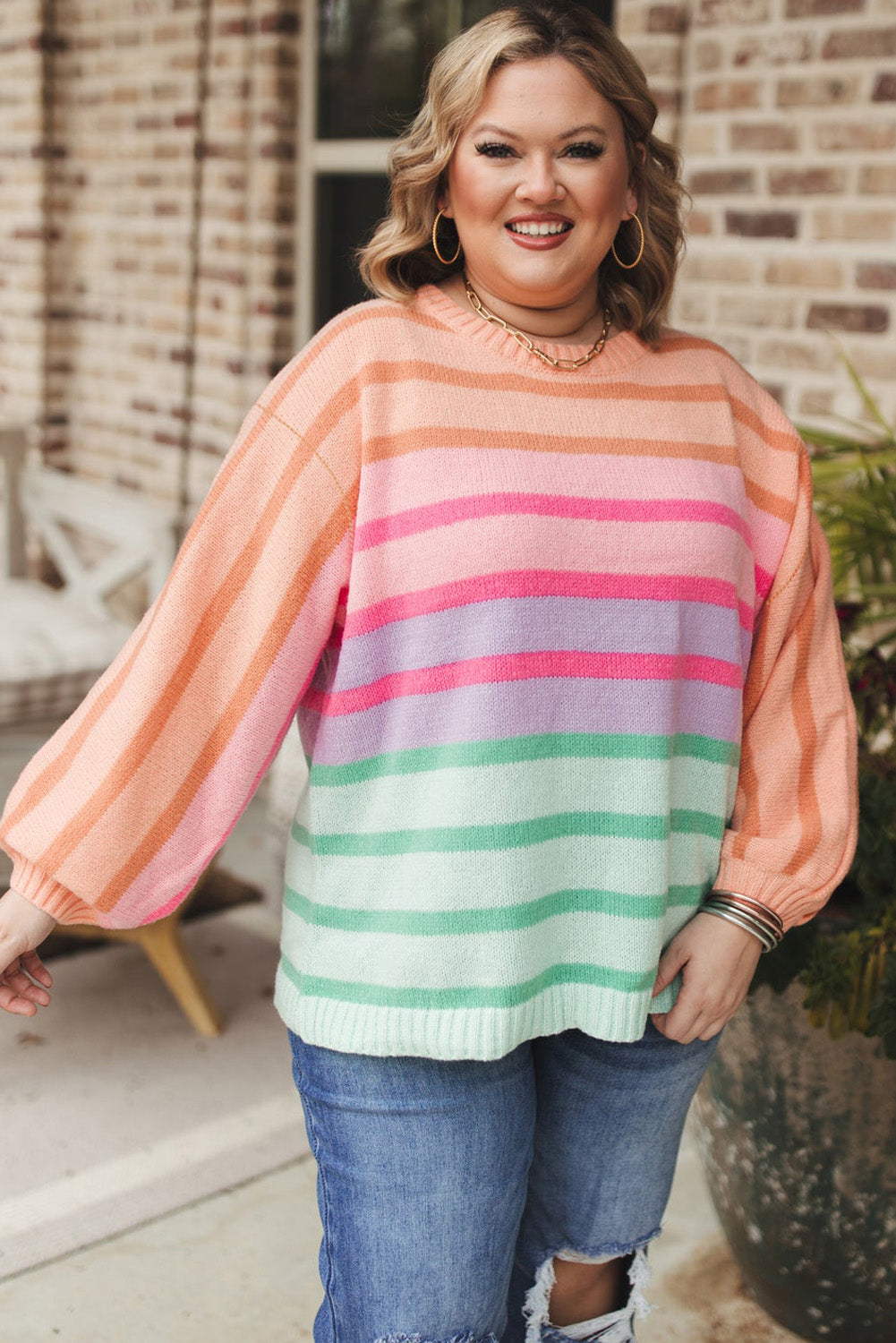 Pink Stripe Color Block Balloon Sleeve Crewneck Plus Size Sweater