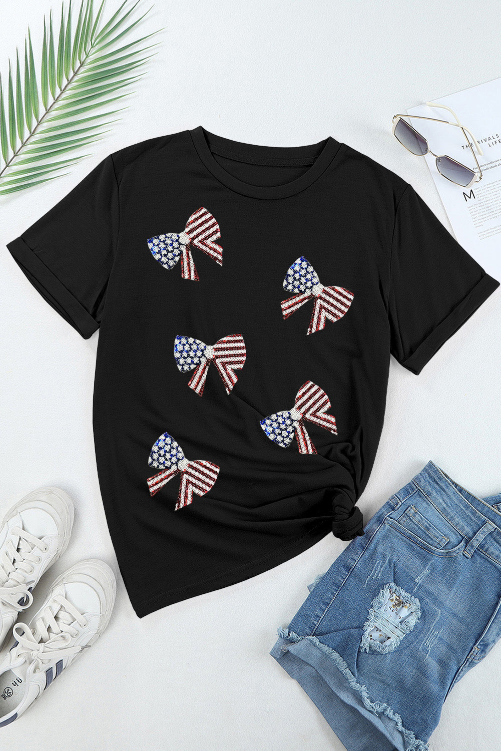 Black Sequined Flag Bowknot Graphic T Shirt