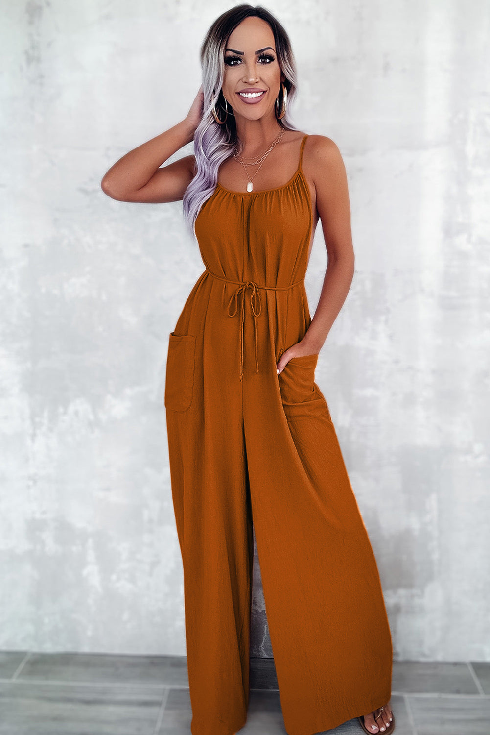 Chestnut Spaghetti Straps Waist Tie Wide Leg Jumpsuit with Pockets