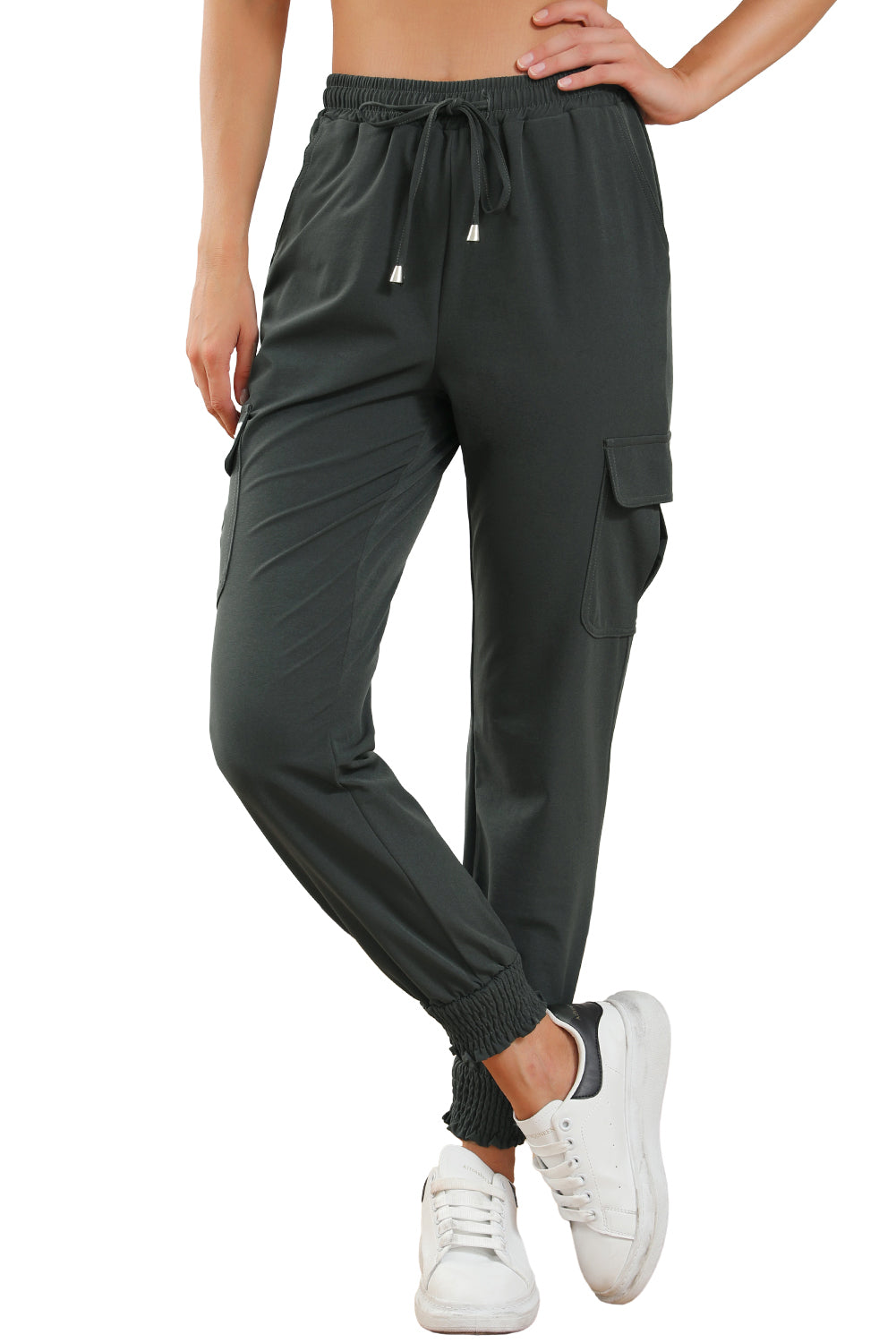 Pantalon de jogging taille haute gris avec poches latérales et cordon de serrage