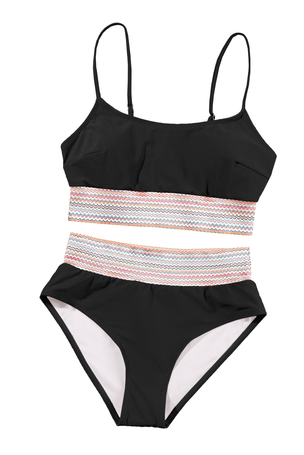 Costume da bagno bikini a vita alta con cinturino per spaghetti patchwork a righe nere
