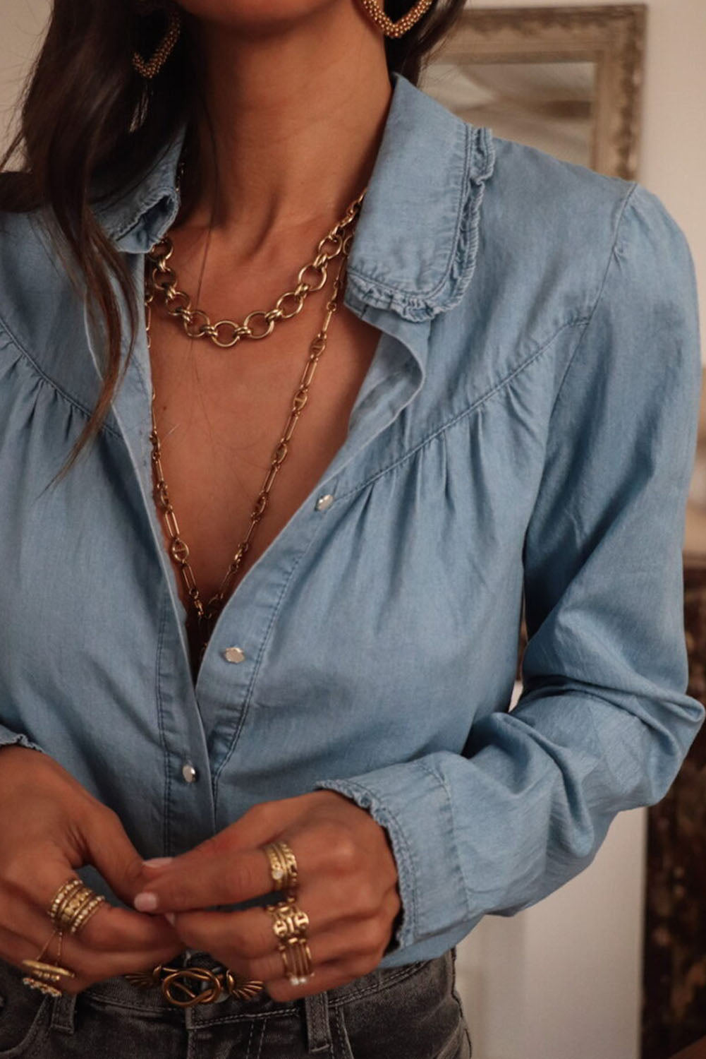 Camicia in Chambray con colletto risvoltato blu scuro