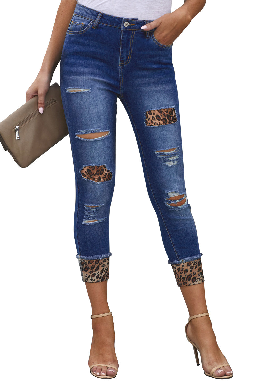 Distressed Leopard Patches Blue Skinny Jeans