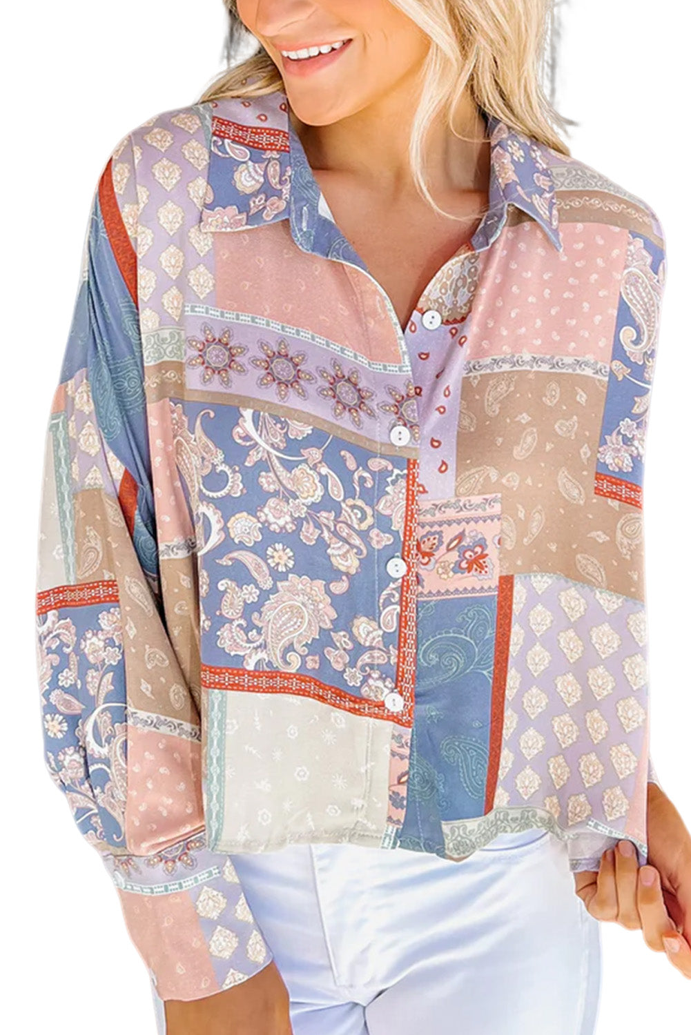 Camicia ampia con maniche a sbuffo con stampa Boho mista multicolore