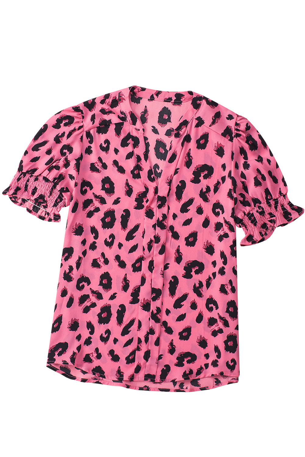 Rosafarbene Bluse mit eingekerbtem Ausschnitt und Blasenärmeln und Leopardenmuster