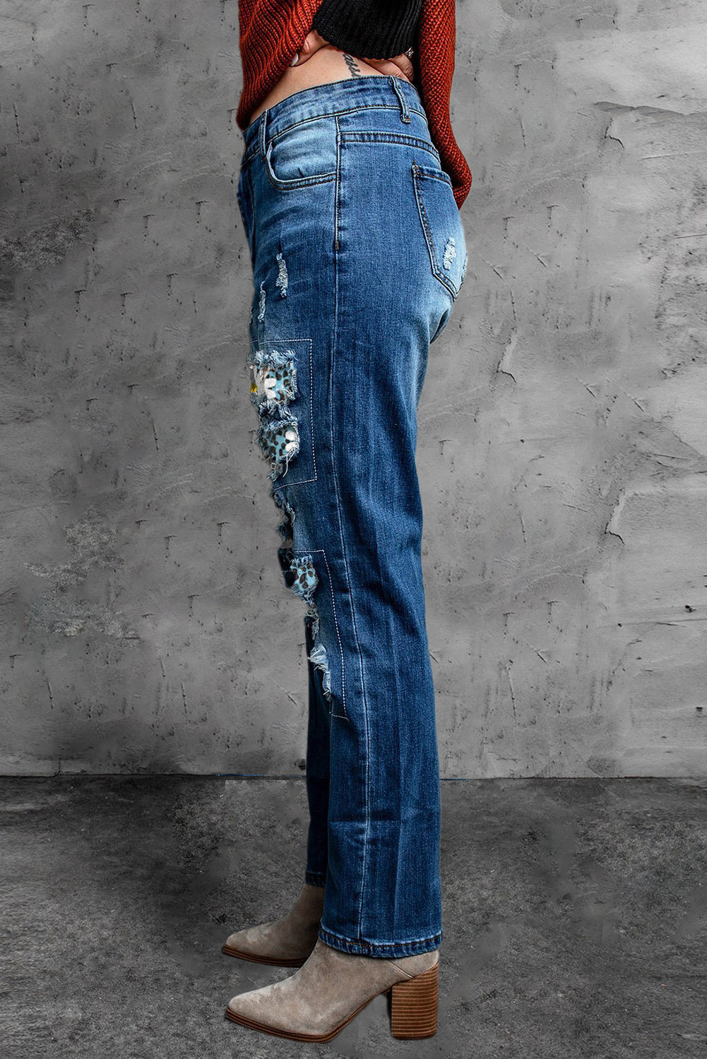 Daisy Leopard Patchwork Distressed Straight Leg Jeans