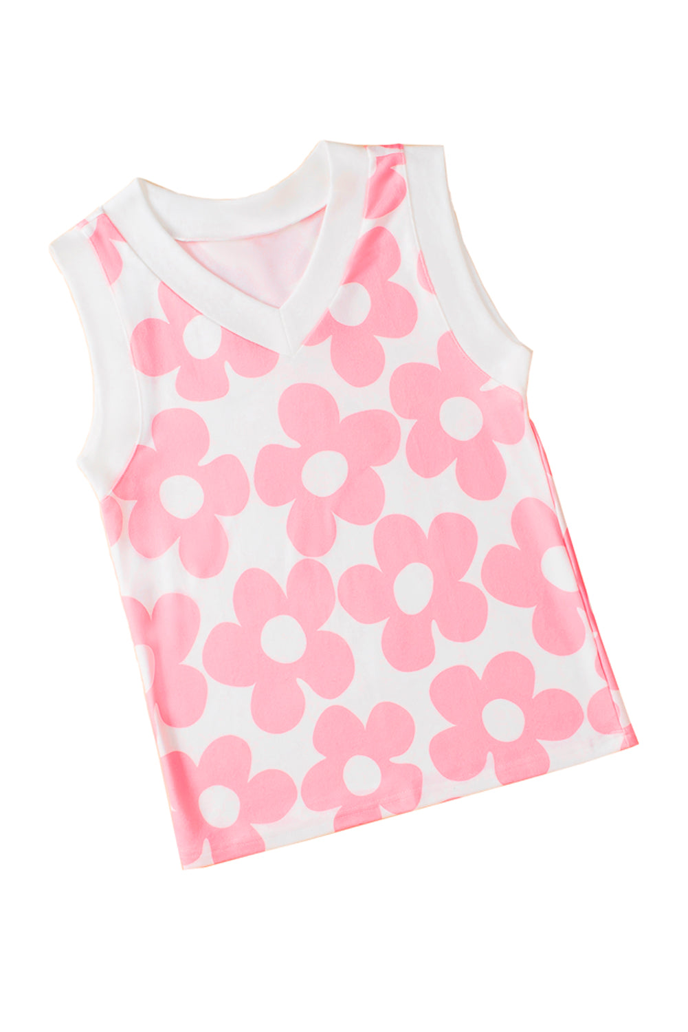 Rožnata majica brez rokavov z v-izrezom in ljubkimi cvetlicami