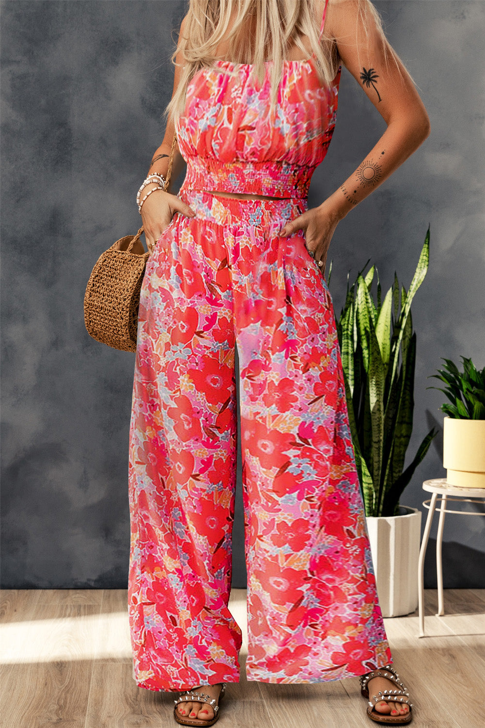 Boho Floral Sleeveless Wide Leg Pocket Pants Set