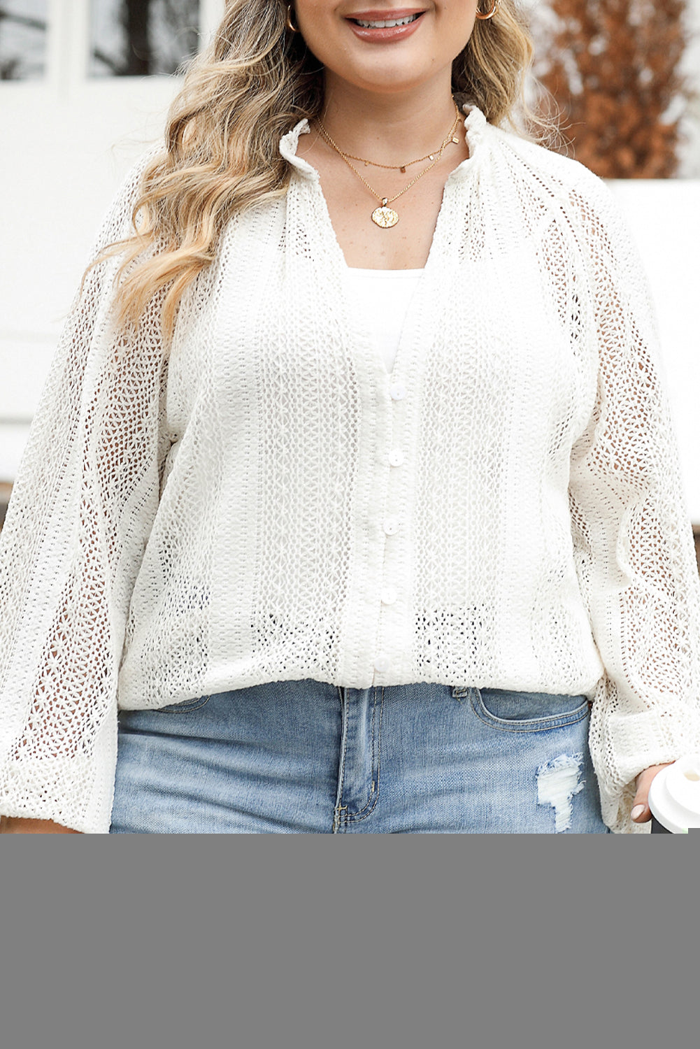 White Plus Size Lace Hollow Out V-Neck Button Up Shirt