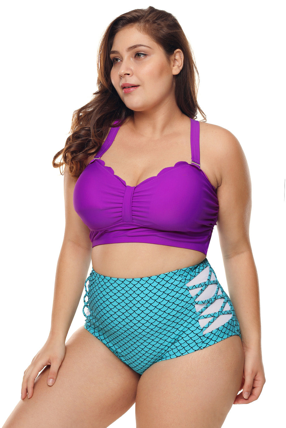 Purple & Blue Scalloped Detail High Waist Swimsuit