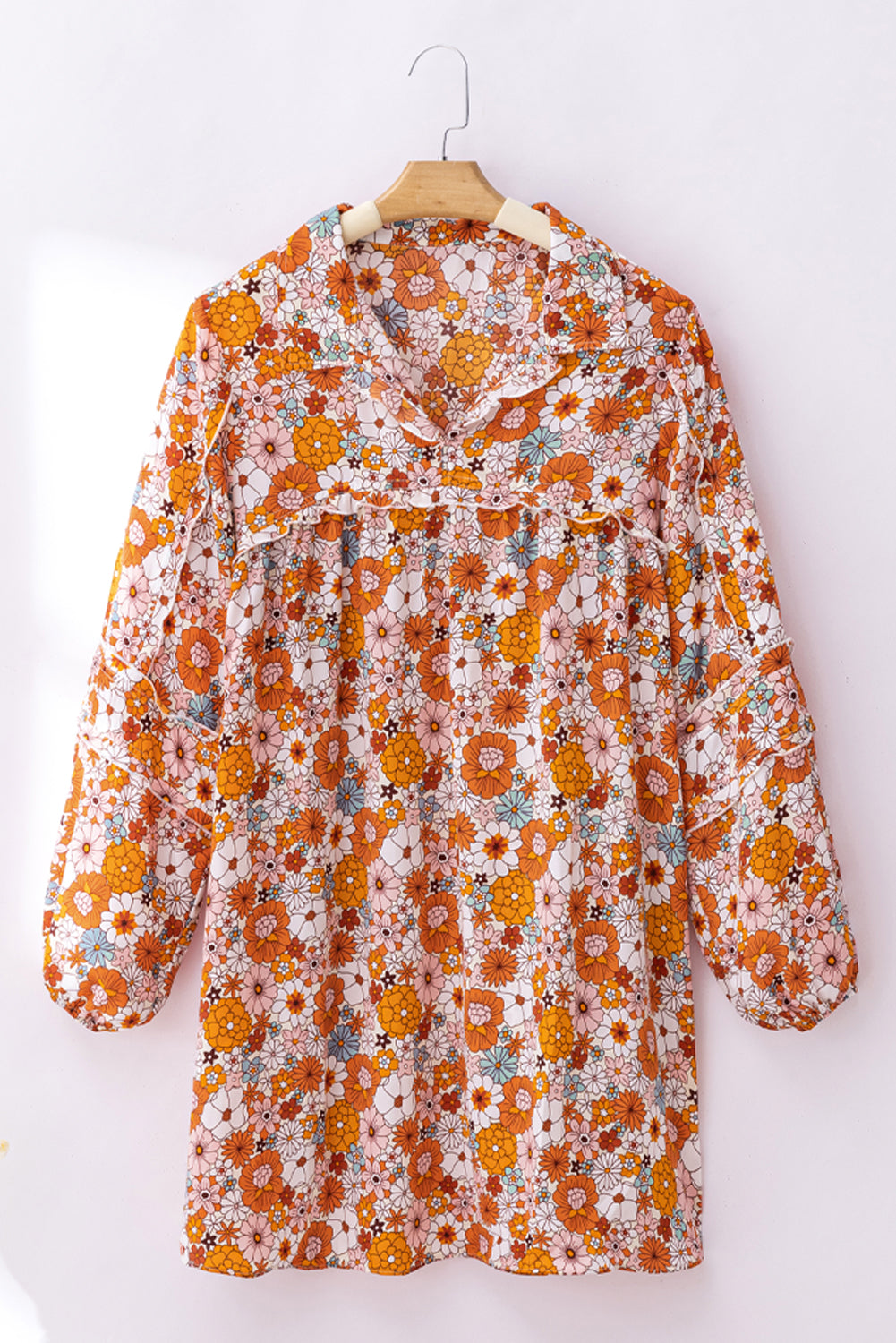 Robe droite imprimée orange à poches florales et col fendu