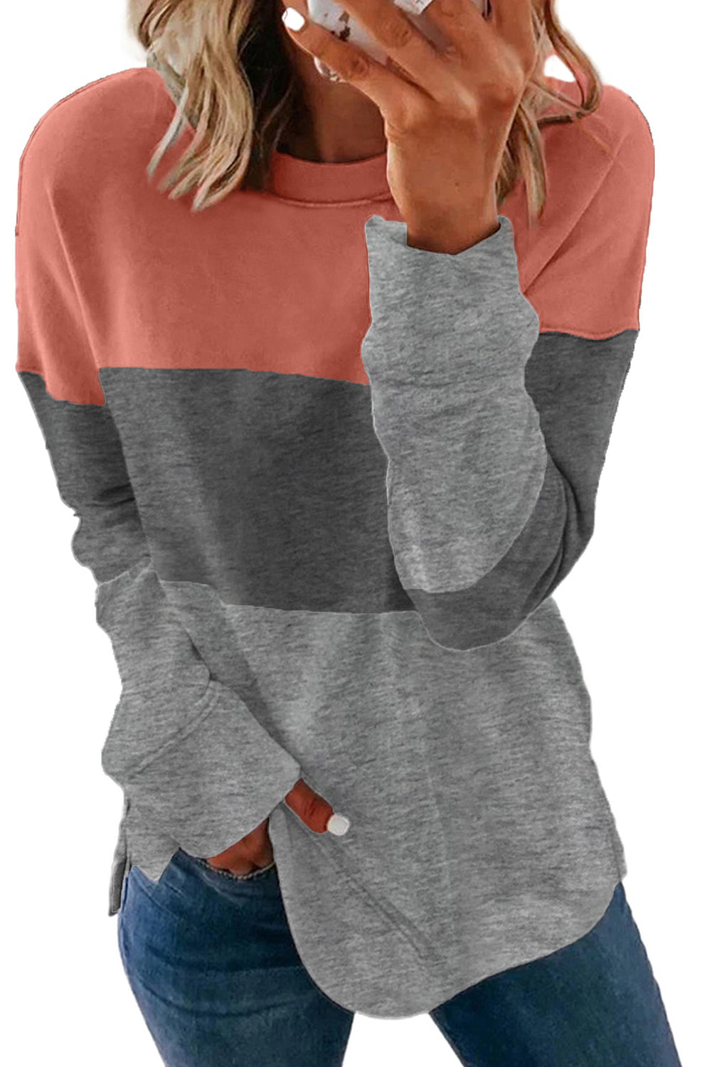 Graues Colorblock-Sweatshirt mit Kontrastnähten und Schlitzen