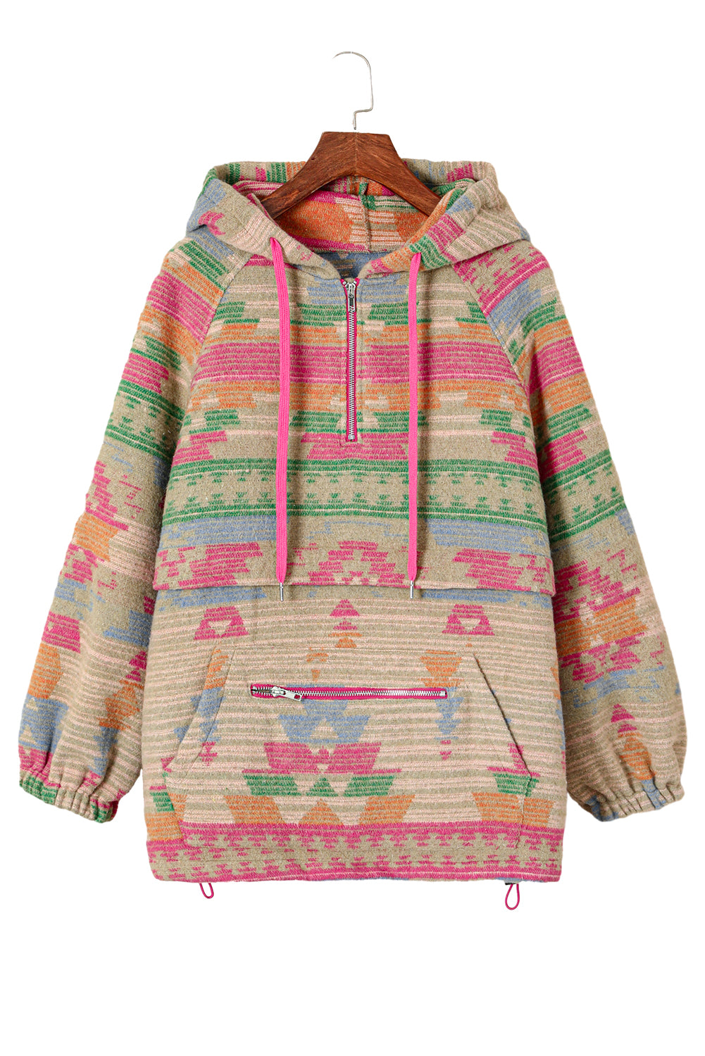 Večbarvni pulover z zadrgo in kapuco z geometrijskim vzorcem Western Aztec