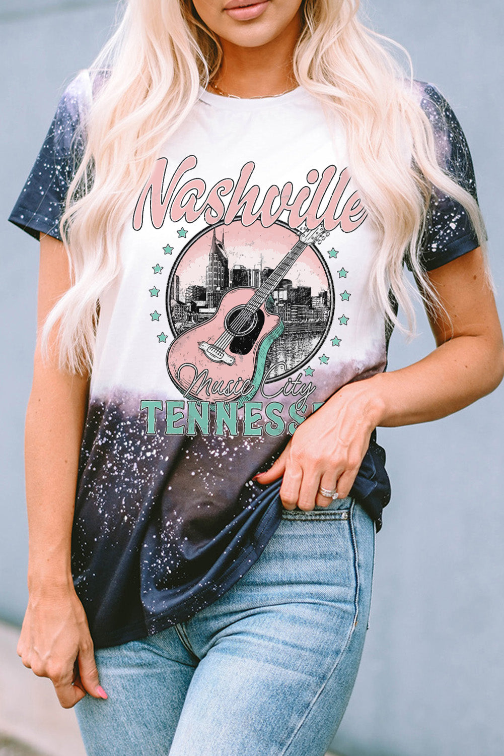Maglietta nera con grafica sbiancata Nashville Music City TENNESS